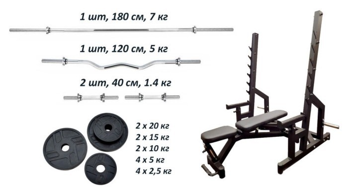 Скамейка Black Rock + Стойки Black Rock + Набор металлических резиновых дисков 120 кг.