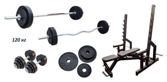 Скамейка Black Rock + Стойки Black Rock + Набор металлических резиновых дисков 120 кг.