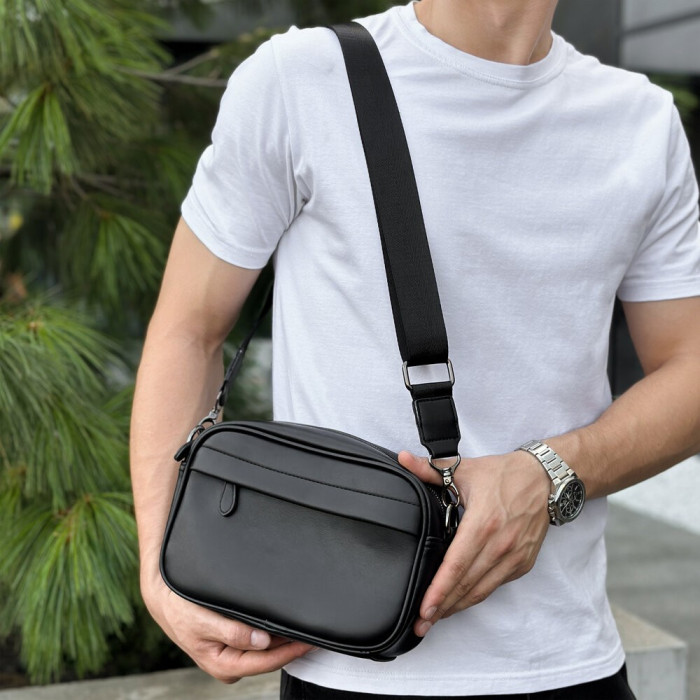 Шкіряна чорна чоловіча сумка Pobedov Delta, укр, укр