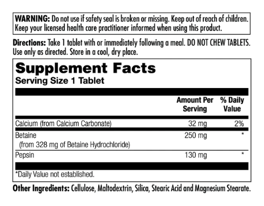 Betaine HCl Plus 250mg - 100 tabs