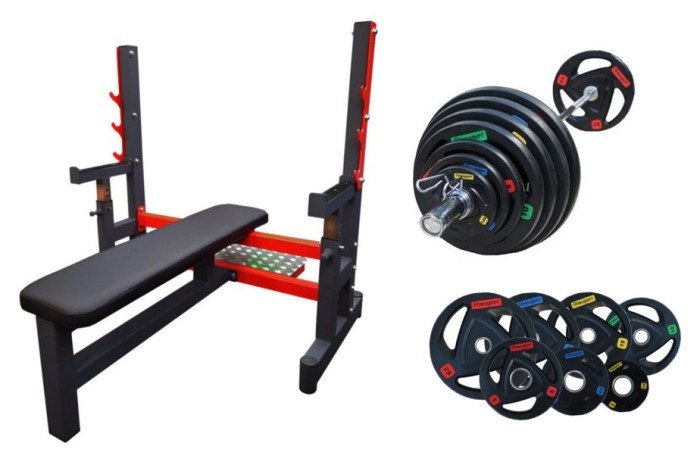 Комплект RN High Quality лава для жима + штанга профессиональная резиновая 100 кг