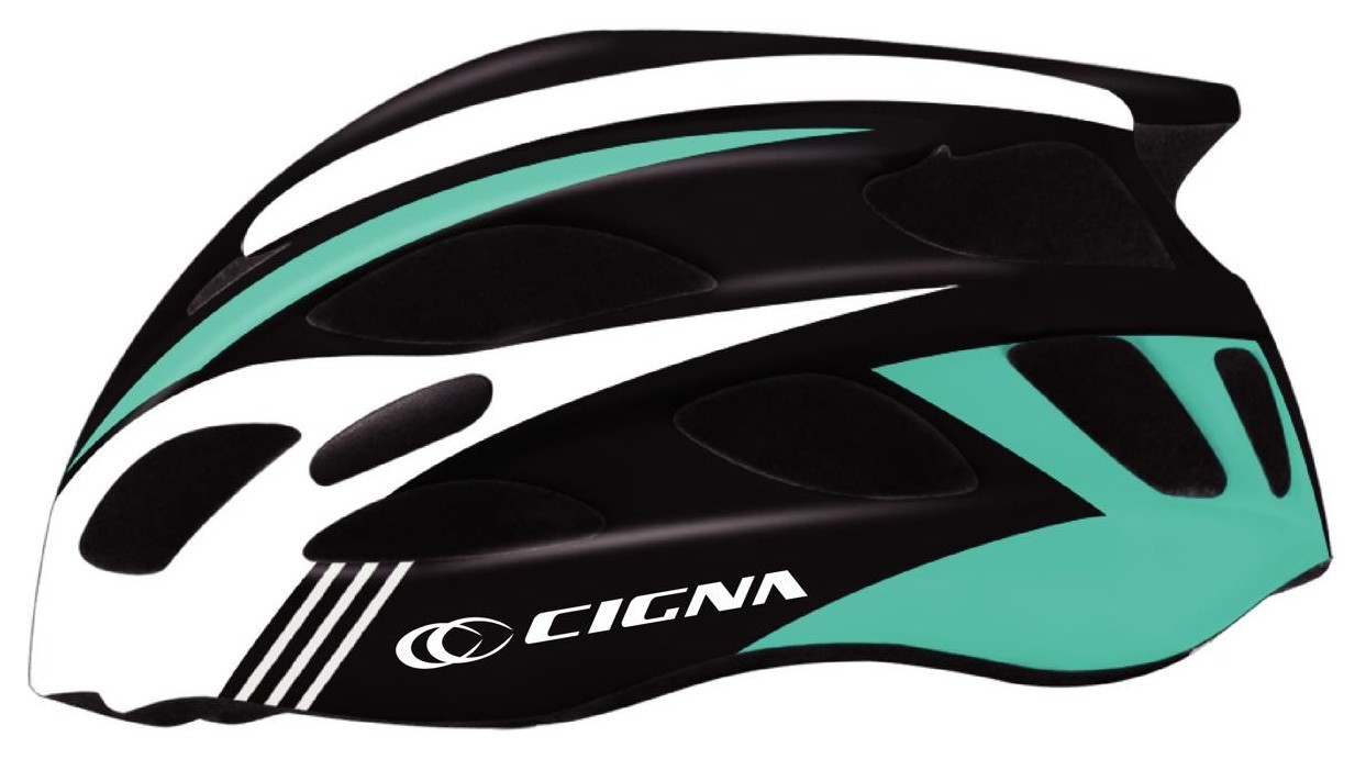 Велосипедный шлем с бел. козырьком СIGNA WT-016 черно-бело-бирюзовый