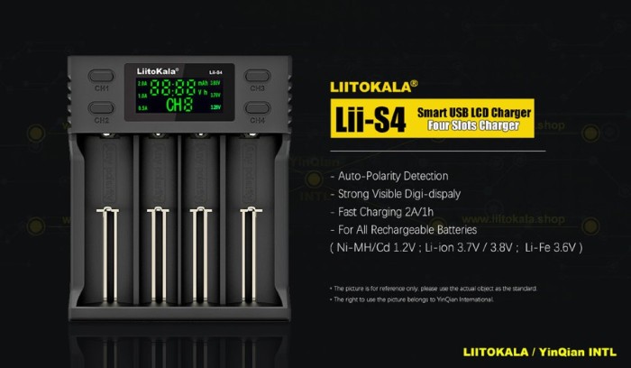 Зарядное устройство для Liitokala Lii-S4, 4 канала, Ni-Mh/Li-ion/LiFePo4, USB, LCD, Box