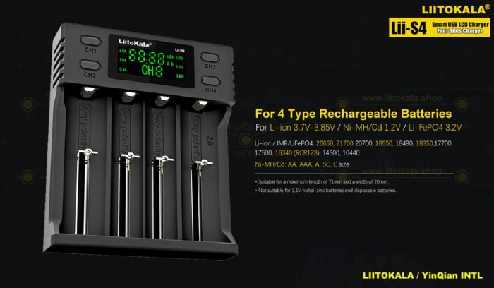 Зарядное устройство для Liitokala Lii-S4, 4 канала, Ni-Mh/Li-ion/LiFePo4, USB, LCD, Box