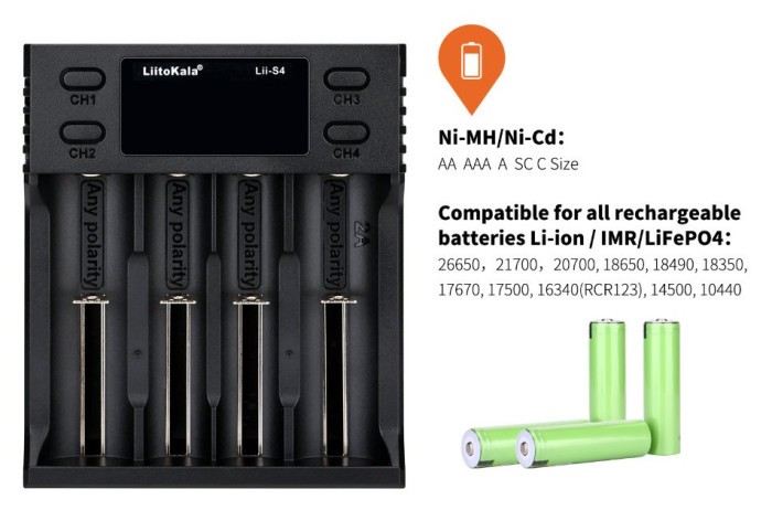 Зарядное устройство для Liitokala Lii-S4, 4 канала, Ni-Mh/Li-ion/LiFePo4, USB, LCD, Box