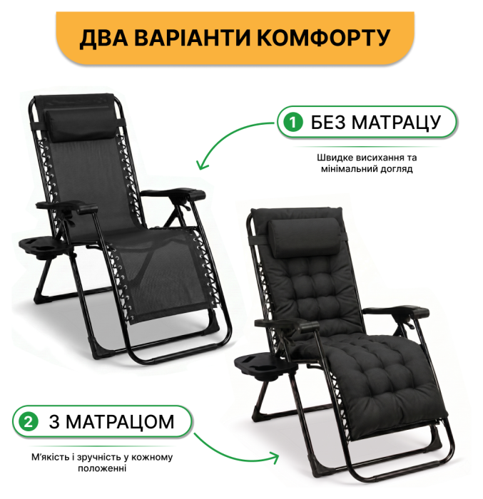 Розкладне крісло шезлонг LEOBRO Zero Gravity Premium Plus Black (LB-ZGC-K2-BLK)