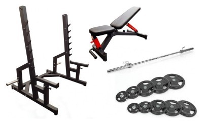 Профессиональная скамья со стойками RN-Sport black rock + Олимпийская штанга 120 кг