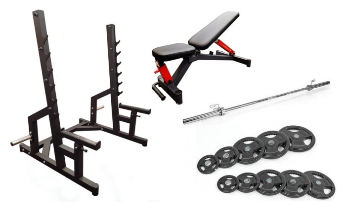 Профессиональная скамья со стойками RN-Sport black rock + Олимпийская штанга 120 кг