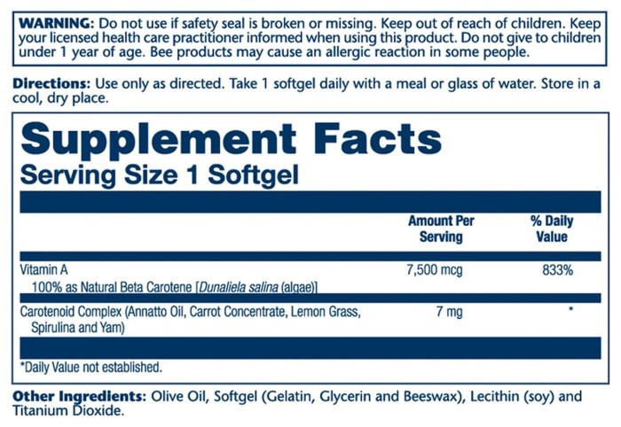 Food Carotene, Vitamin A As Beta Carotene 7500mcg - 50 softgels