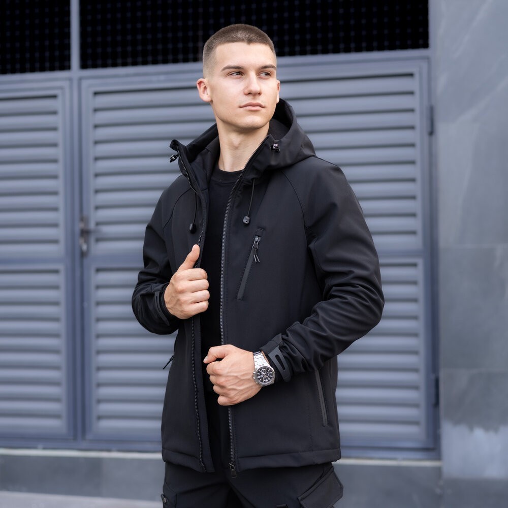 Куртка чоловіча демісезонна з капюшоном чорна Pobedov Matrix, укр, укр