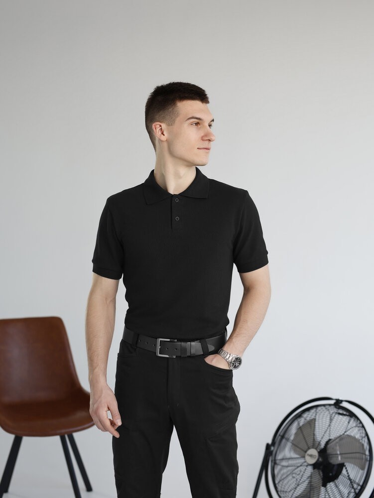 Черная футболка поло весенняя. Легкое летнее мужское черное поло Pobedov Royal