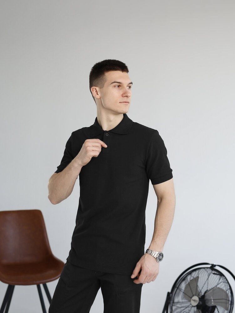 Черная футболка поло весенняя. Легкое летнее мужское черное поло Pobedov Royal