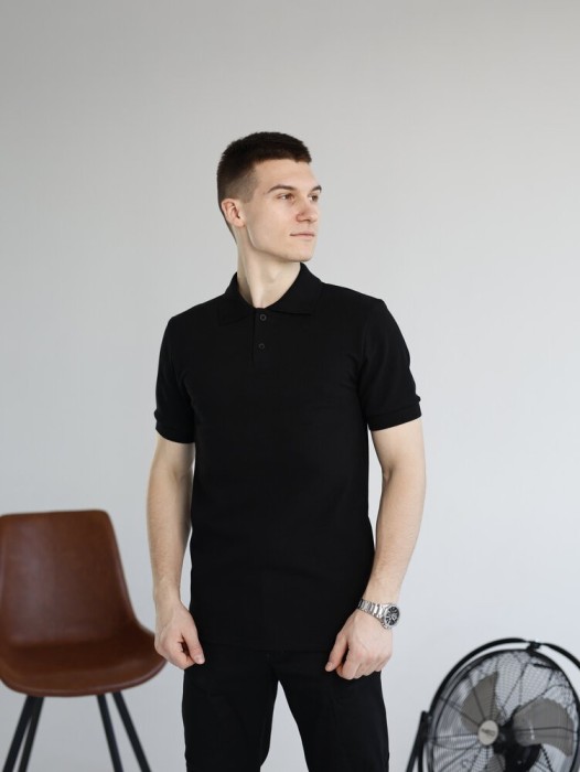 Черная футболка поло весенняя. Легкое летнее мужское черное поло Pobedov Royal