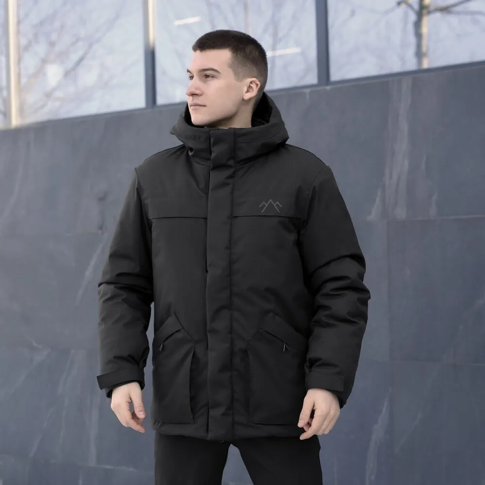 Чорна чоловіча парка зимова з капюшоном Pobedov Navy (S)