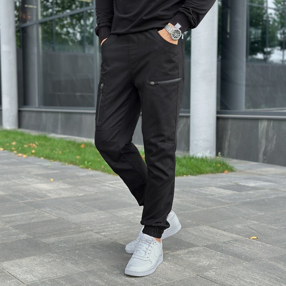 Брюки карго мужские весенние с карманами черные Pobedov Papin Brodyaga
