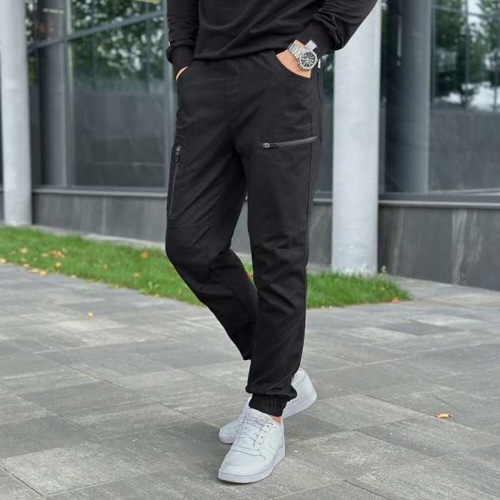 Брюки карго мужские весенние с карманами черные Pobedov Papin Brodyaga