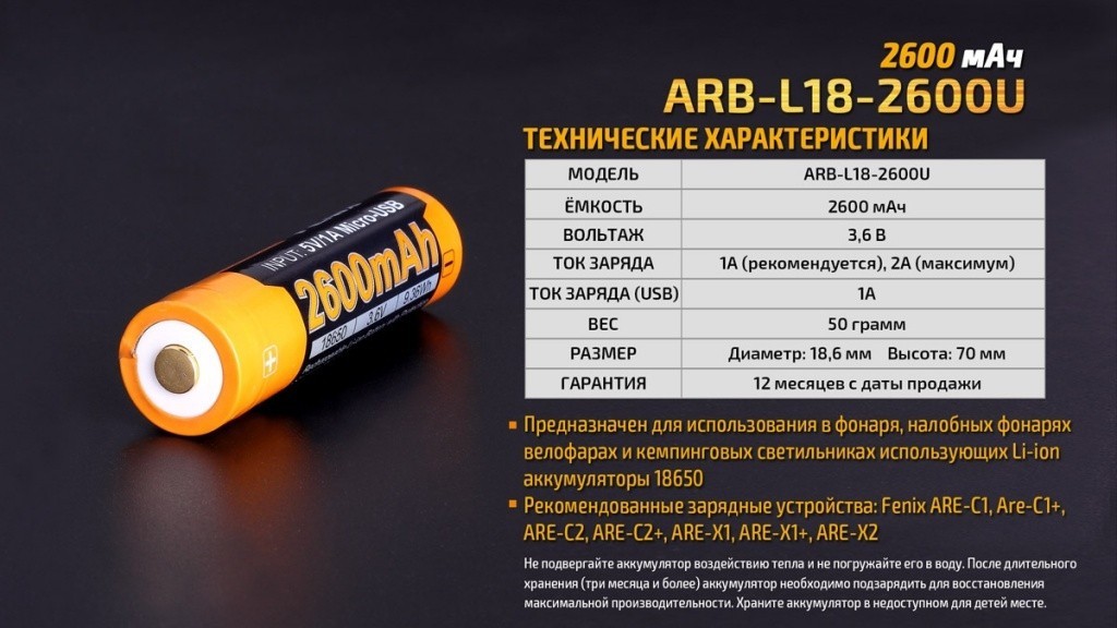Акумулятор 18650 Fenix (2600 mAh) micro usb зарядка, укр, укр