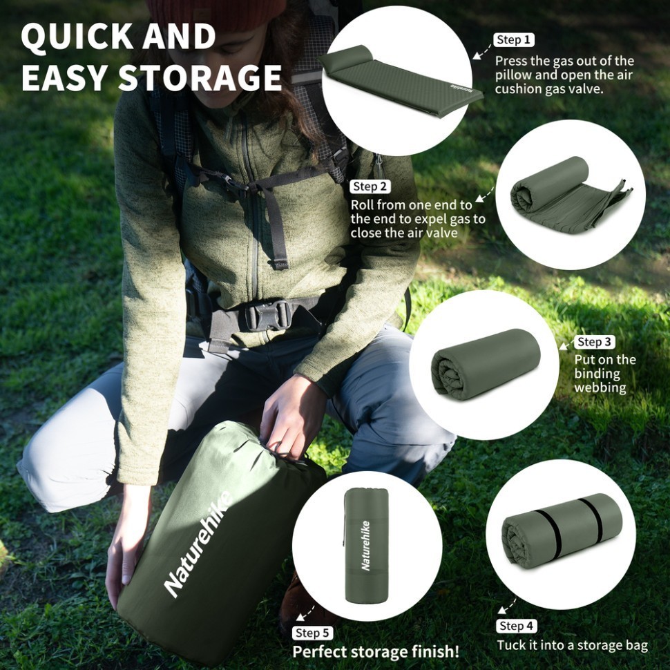 Матрац з подушкою ортопедичний одномісний  Naturehike CNK2450WS020, самонадувний, 200х63х10 см, темно-зелений