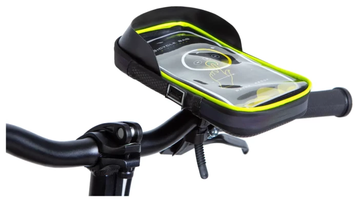 Велосумка на кермо водовідштовх. матеріал BRAVVOS SJ-001 чорний з салатним з відділенням для смартфона AM (брендоване пакування)