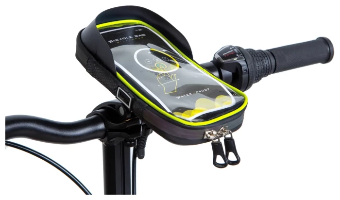 Велосумка на кермо водовідштовх. матеріал BRAVVOS SJ-001 чорний з салатним з відділенням для смартфона AM (брендоване пакування)