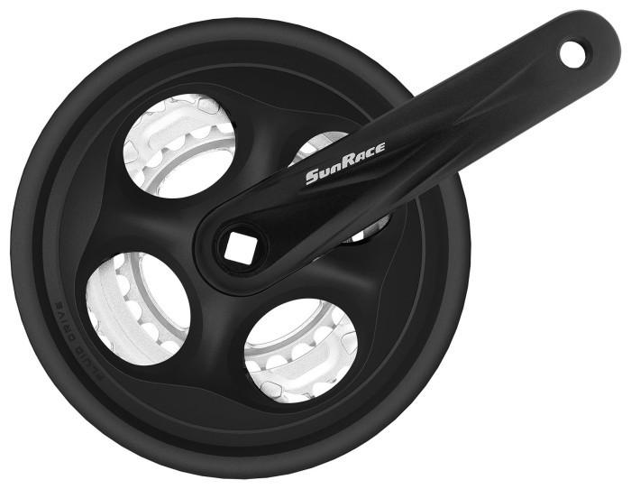 Шатун SUN RACE FCM300 28/38/48T CG (защита цепи), под квадрат, L175мм, черно-серебристый