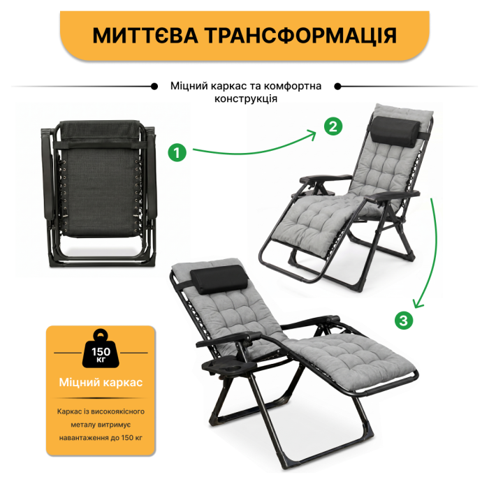 Раскладное кресло шезлонг LEOBRO Zero Gravity Premium Grey (LB-ZGC-K2-GRY)